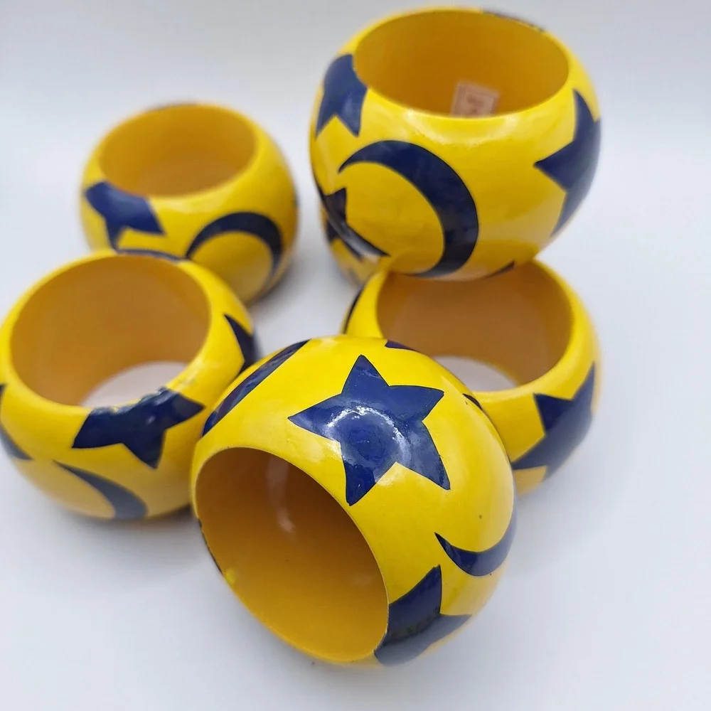 Set of 6 Yellow Blue Star Moon Napkin Rings Holders‎ Handcrafted India
